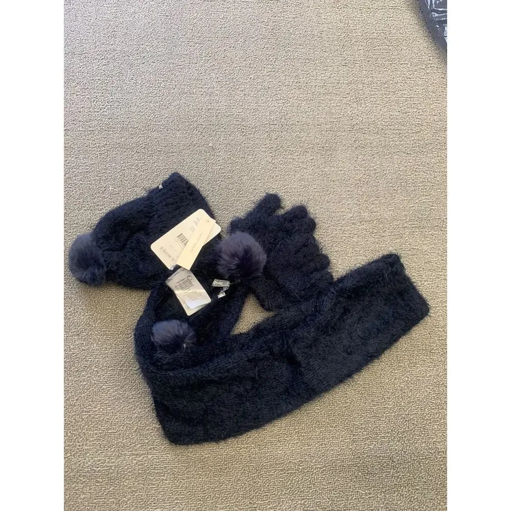 Mayoral Kids 4-6 Blue 3 in 1 Set Fuzzy Pompom Hat‎ Scarf Mitten New